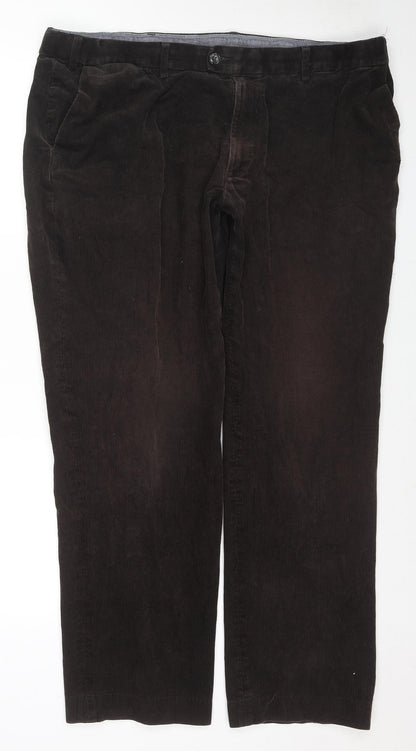 Marks and Spencer Mens Brown Cotton Trousers Size 42 in L33 in Regular Zip