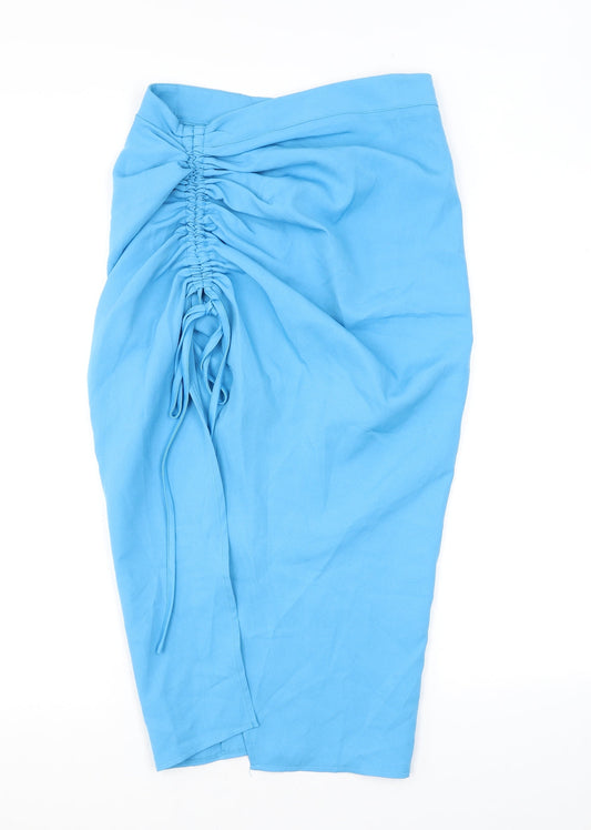 PRETTYLITTLETHING Womens Blue Polyester Straight & Pencil Skirt Size 10 Zip - Slit Ruched