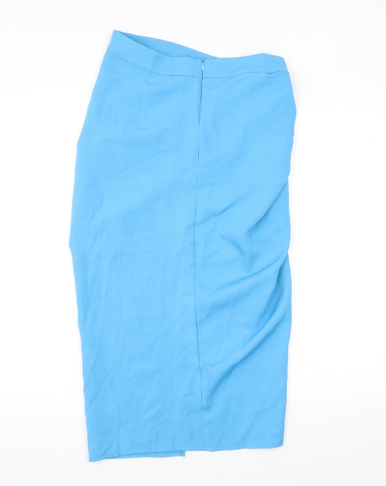 PRETTYLITTLETHING Womens Blue Polyester Straight & Pencil Skirt Size 10 Zip - Slit Ruched