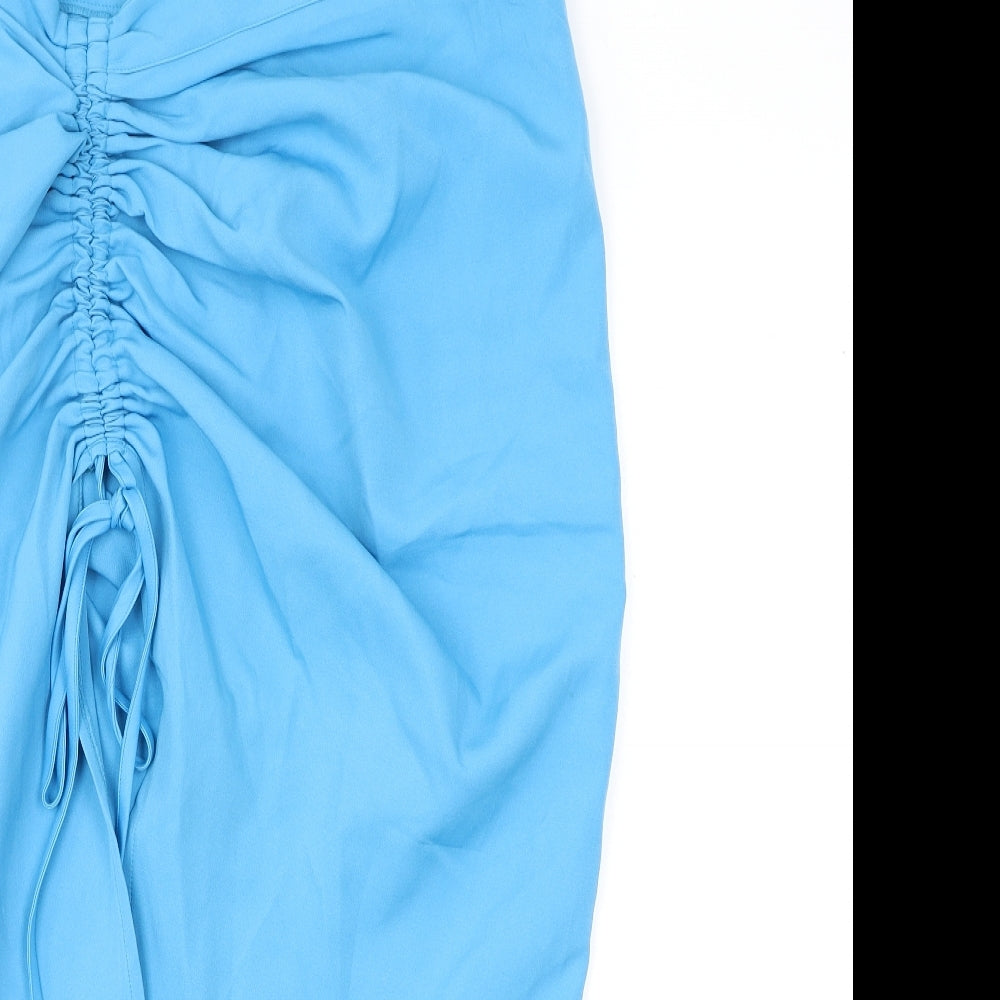 PRETTYLITTLETHING Womens Blue Polyester Straight & Pencil Skirt Size 10 Zip - Slit Ruched