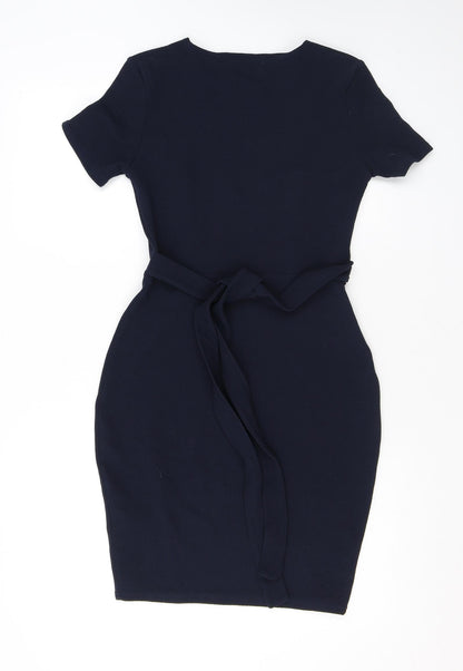 Boohoo Womens Blue Polyester Bodycon Size 10 Round Neck Tie