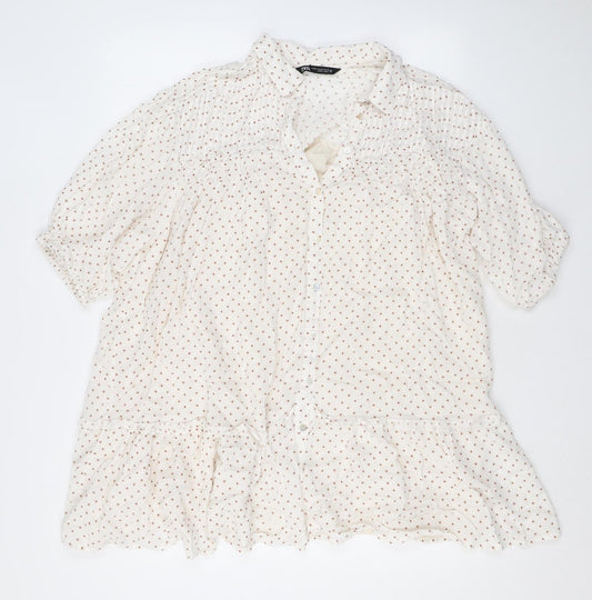 Zara Womens Ivory Polka Dot Polyester Shirt Dress Size XS Collared Button