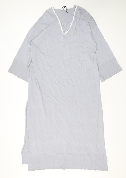 Zara Womens Grey Viscose T-Shirt Dress Size XS V-Neck Pullover - Slit