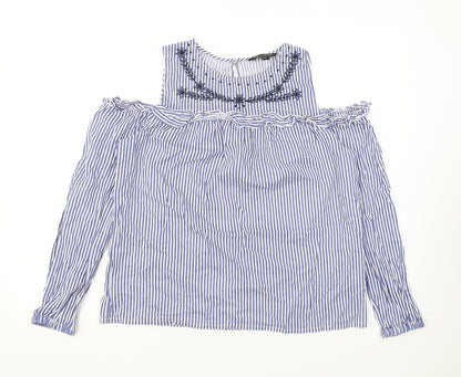 Dorothy Perkins Womens Blue Striped Cotton Basic Blouse Size 14 Round Neck - Cold Shoulder