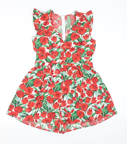 Ikoone & Blanka Womens Red Floral Polyester Playsuit One-Piece Size S L4 in Zip