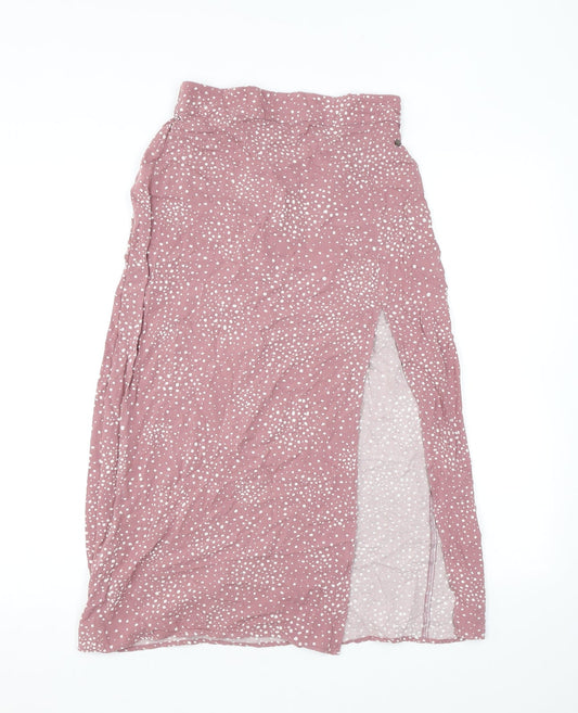 Pull&Bear Womens Pink Polka Dot Viscose A-Line Skirt Size M - Slit Elasticated Waist