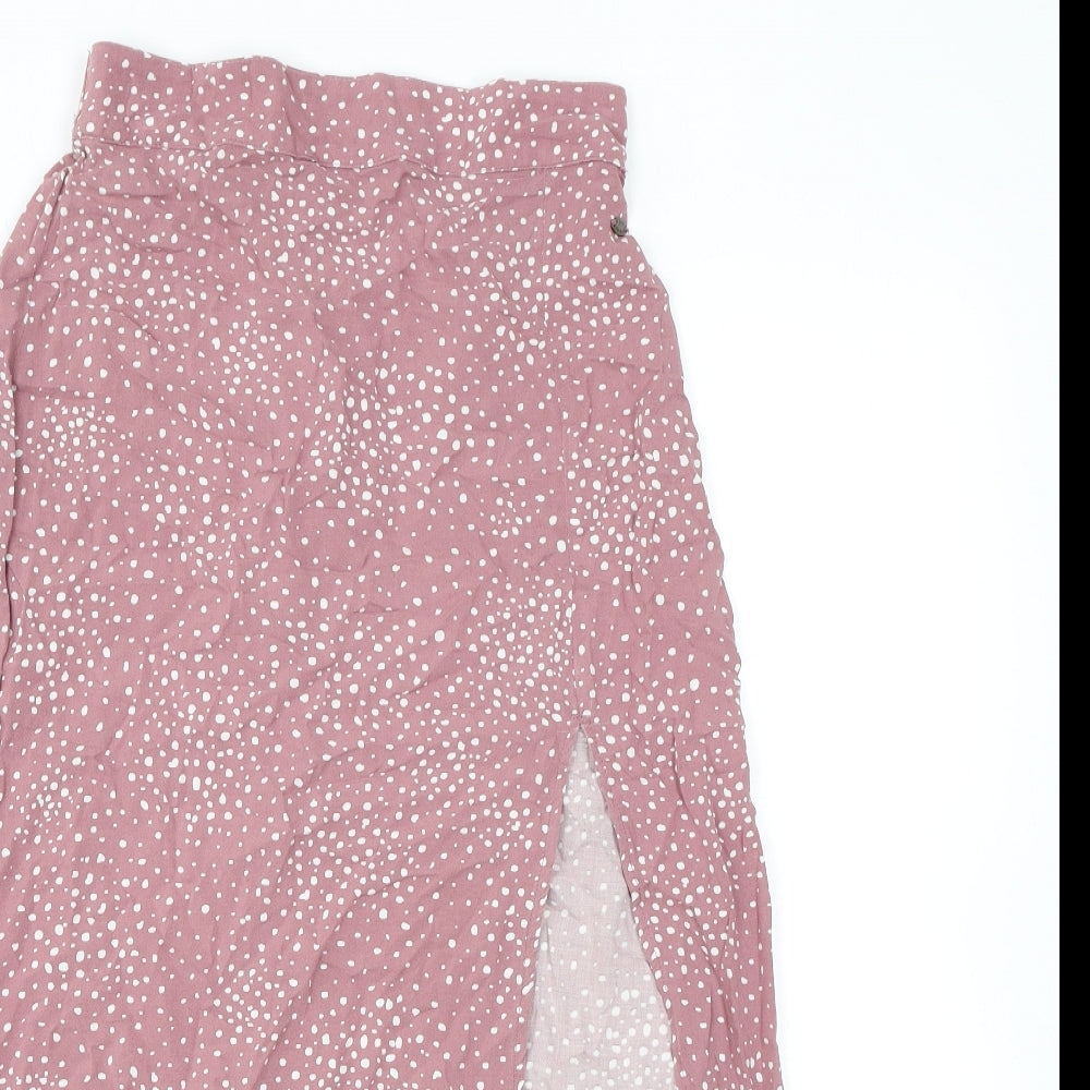 Pull&Bear Womens Pink Polka Dot Viscose A-Line Skirt Size M - Slit Elasticated Waist