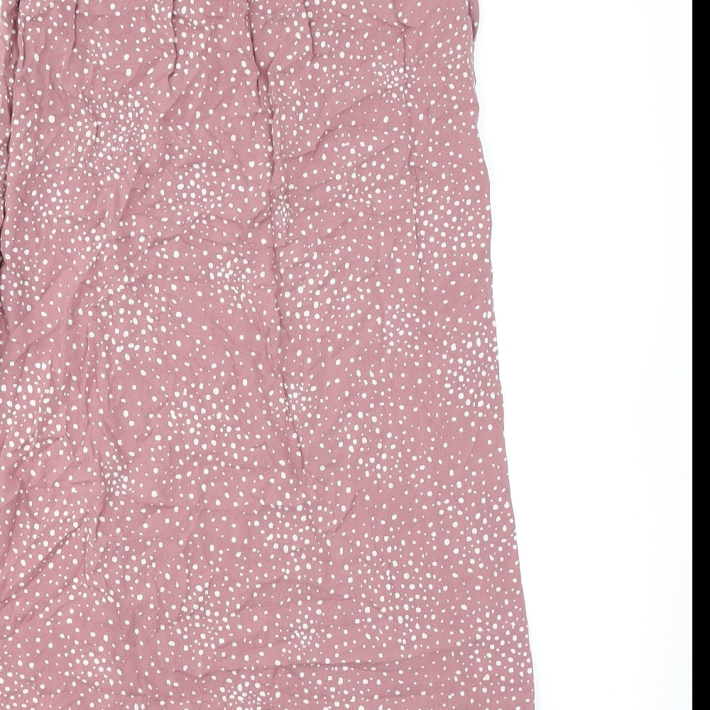 Pull&Bear Womens Pink Polka Dot Viscose A-Line Skirt Size M - Slit Elasticated Waist