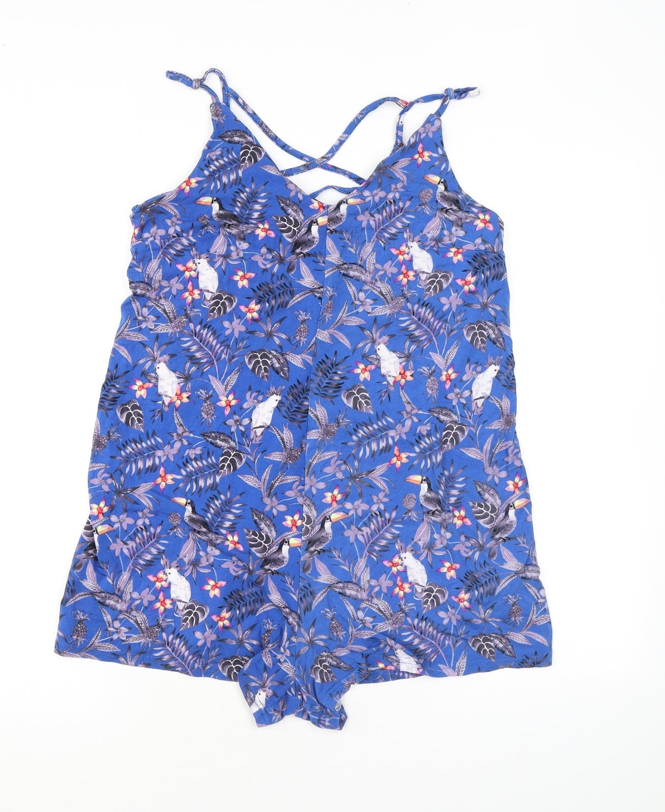 New Look Womens Blue Floral Viscose Playsuit One-Piece Size 10 Pullover - Birds