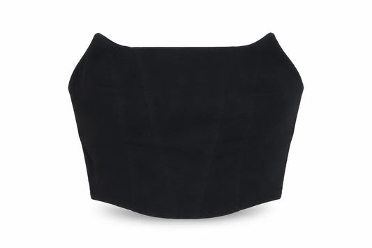 Front view of ASOS women’s black viscose cropped blouse, size UK 12, off the shoulder - open back