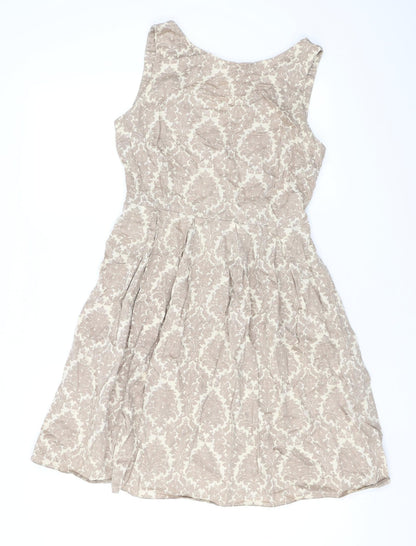 Dorothy Perkins Womens Brown Floral Cotton Skater Dress Size 12 Round Neck Zip