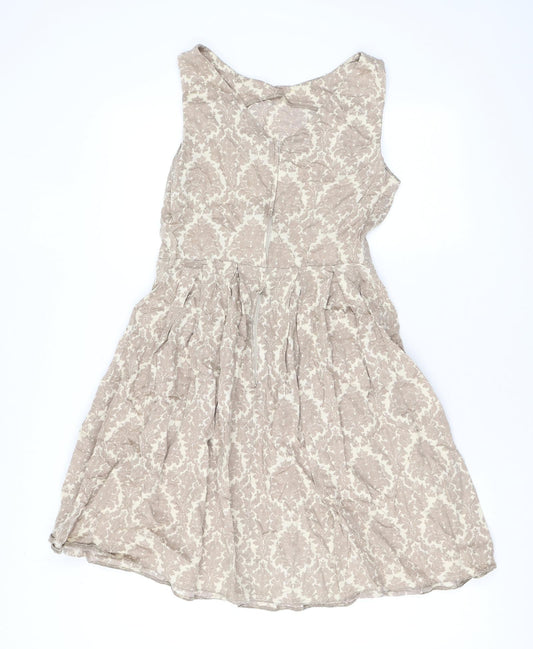 Dorothy Perkins Womens Brown Floral Cotton Skater Dress Size 12 Round Neck Zip