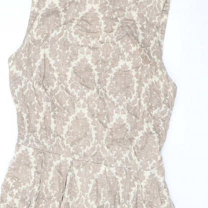 Dorothy Perkins Womens Brown Floral Cotton Skater Dress Size 12 Round Neck Zip