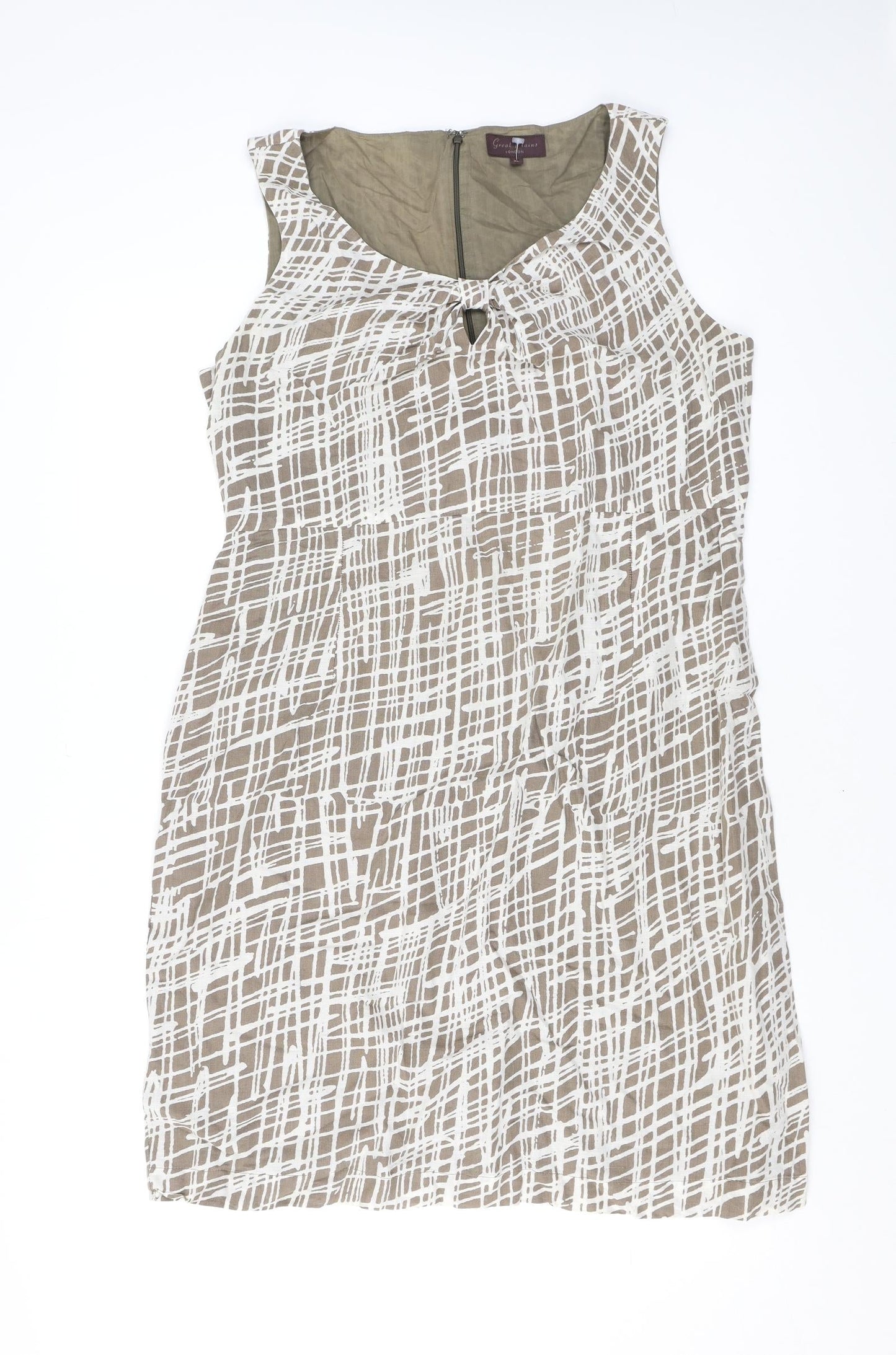 Great Plains London Womens Brown Geometric Linen Pencil Dress Size XL V-Neck Zip