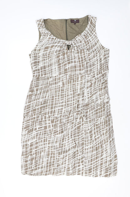 Great Plains London Womens Brown Geometric Linen Pencil Dress Size XL V-Neck Zip