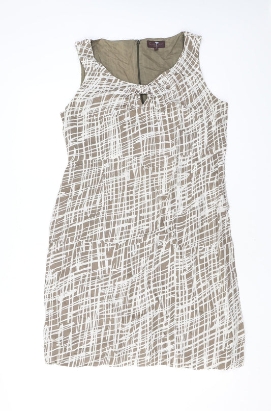 Great Plains London Womens Brown Geometric Linen Pencil Dress Size XL V-Neck Zip