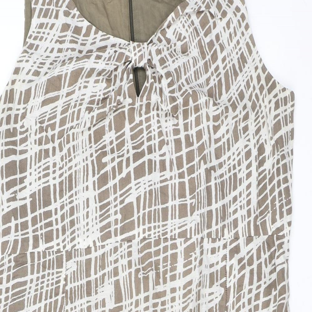 Great Plains London Womens Brown Geometric Linen Pencil Dress Size XL V-Neck Zip