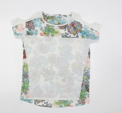 NEXT Womens White Floral Polyester Basic Blouse Size 14 Round Neck - Cold Shoulder