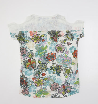 NEXT Womens White Floral Polyester Basic Blouse Size 14 Round Neck - Cold Shoulder