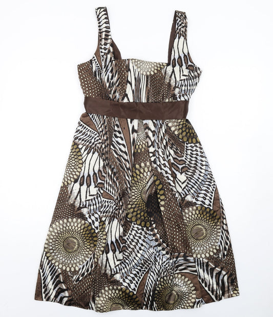 Principles Womens Brown Geometric Polyester A-Line Size 12 Square Neck Zip