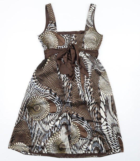 Principles Womens Brown Geometric Polyester A-Line Size 12 Square Neck Zip