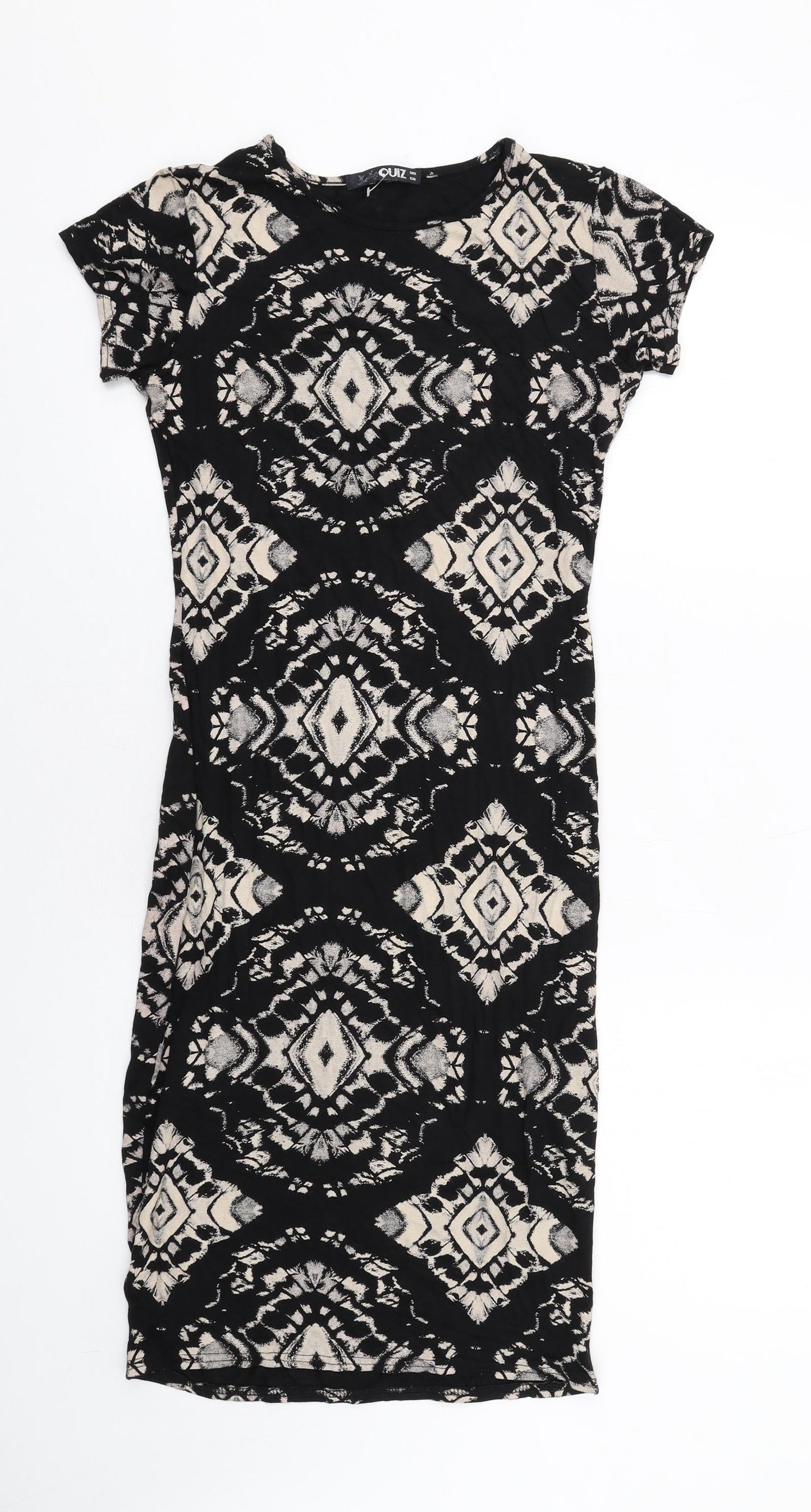 Quiz Womens Black Geometric Viscose Bodycon Size 8 Round Neck Pullover