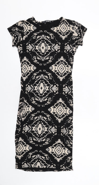 Quiz Womens Black Geometric Viscose Bodycon Size 8 Round Neck Pullover