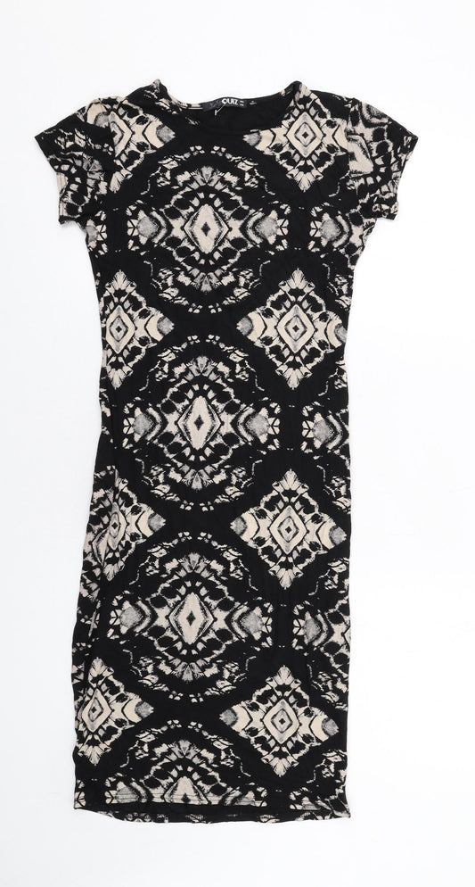 Quiz Womens Black Geometric Viscose Bodycon Size 8 Round Neck Pullover