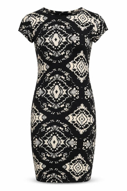 Quiz Womens Black Geometric Viscose Bodycon Size 8 Round Neck Pullover