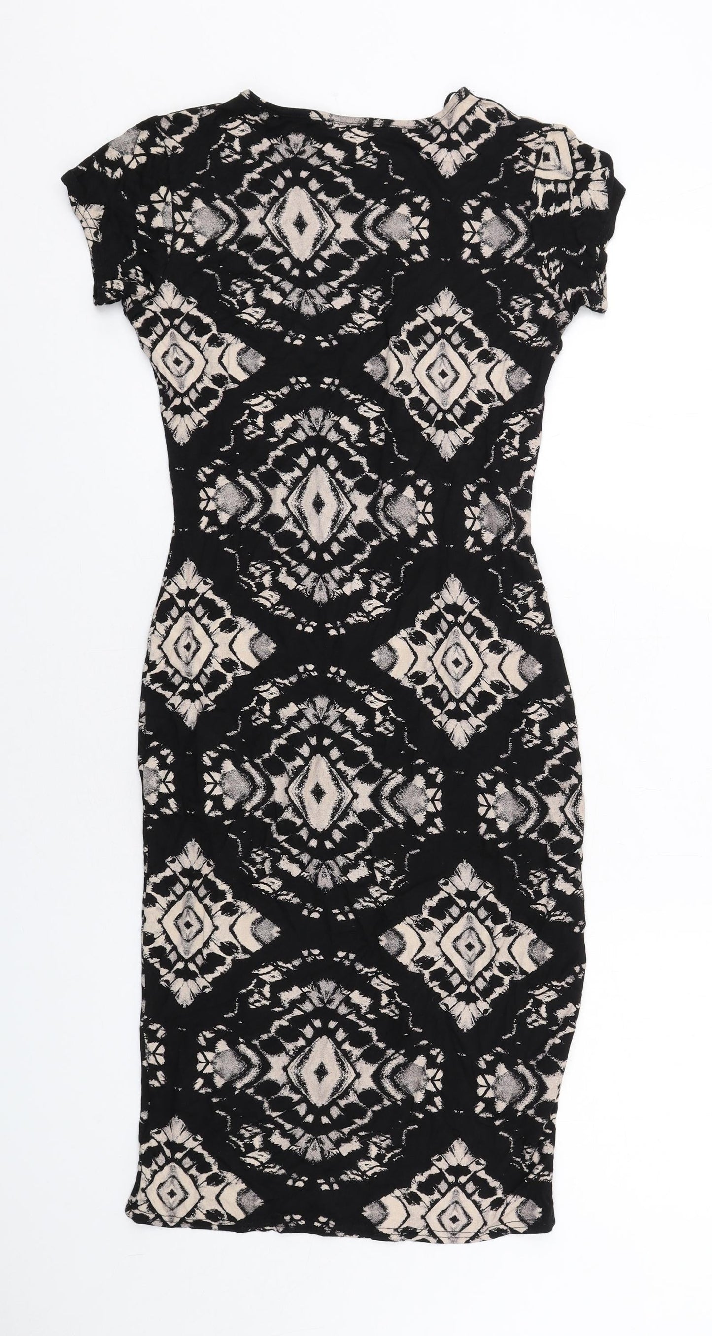 Quiz Womens Black Geometric Viscose Bodycon Size 8 Round Neck Pullover