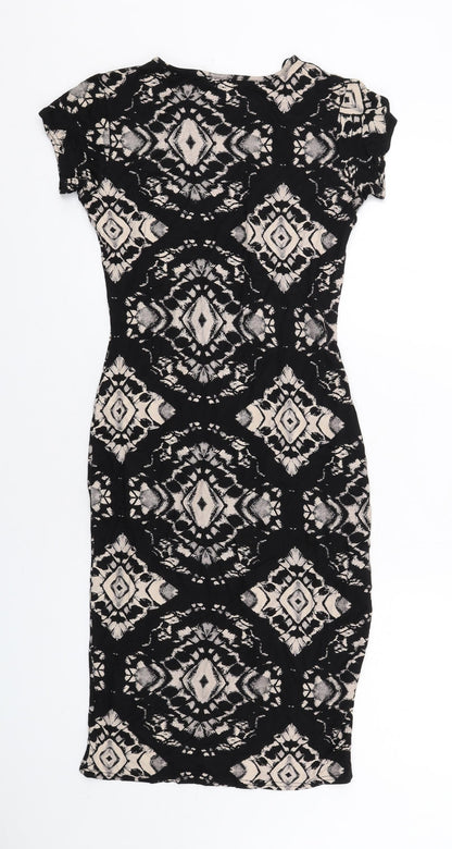 Quiz Womens Black Geometric Viscose Bodycon Size 8 Round Neck Pullover