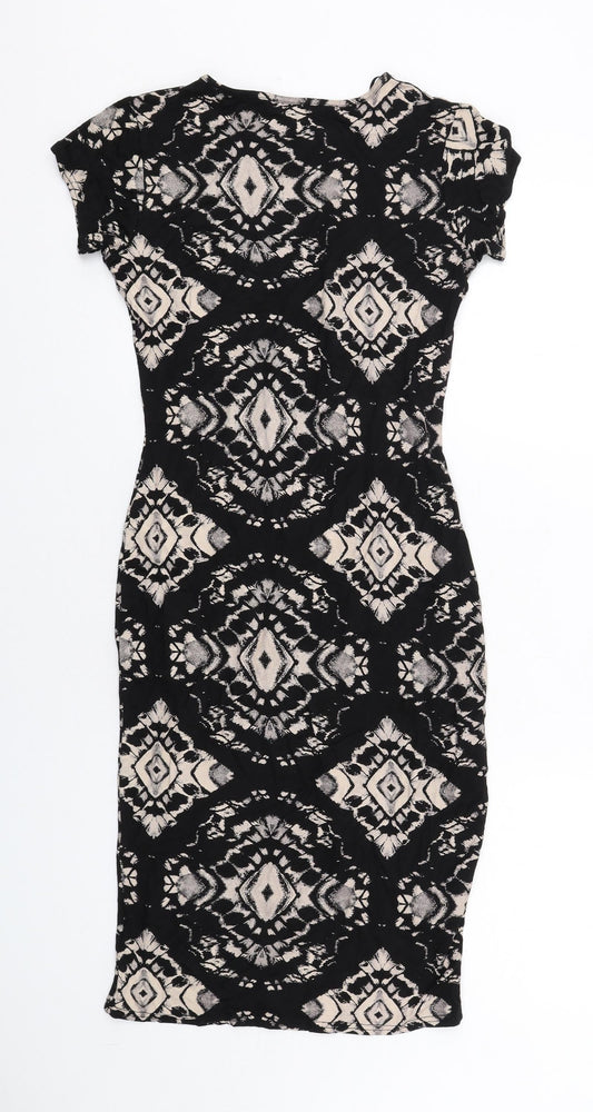 Quiz Womens Black Geometric Viscose Bodycon Size 8 Round Neck Pullover