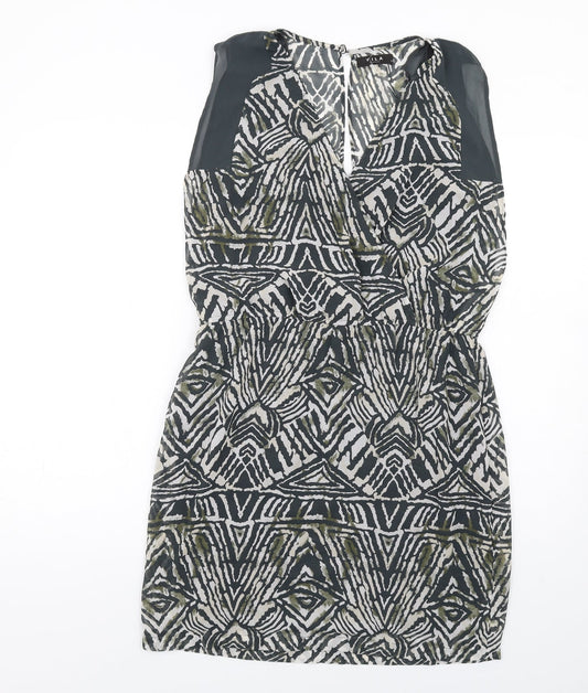 VILA Womens Grey Geometric Polyester A-Line Size M V-Neck Button