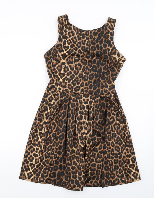 Oasis Womens Brown Animal Print Polyester A-Line Size 10 Round Neck Zip - Leopard Print Mesh Back