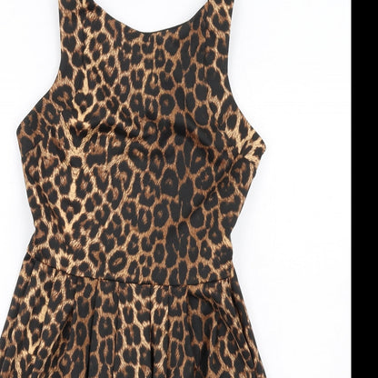 Oasis Womens Brown Animal Print Polyester A-Line Size 10 Round Neck Zip - Leopard Print Mesh Back