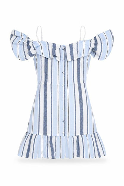 Lipsy Womens Blue Striped Cotton A-Line Size 8 Off the Shoulder Button