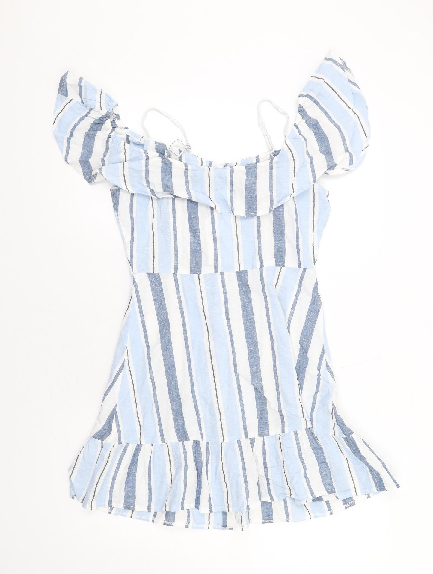 Lipsy Womens Blue Striped Cotton A-Line Size 8 Off the Shoulder Button