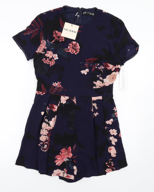 Girl in Mind Womens Blue Floral Polyester Playsuit One-Piece Size 10 Zip
