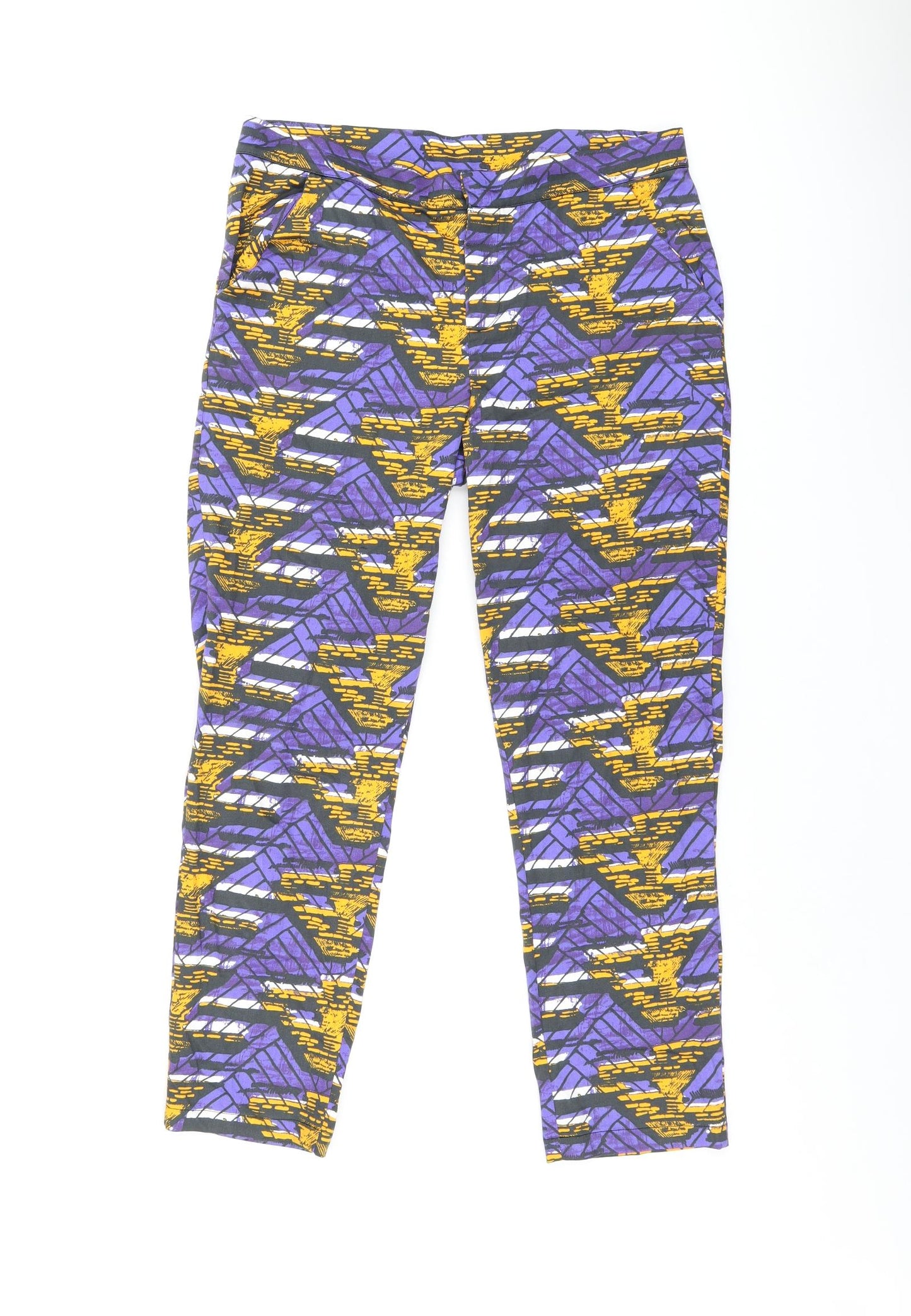 Topshop Womens Purple Geometric Cotton Trousers Size 12 L26 in Regular Zip