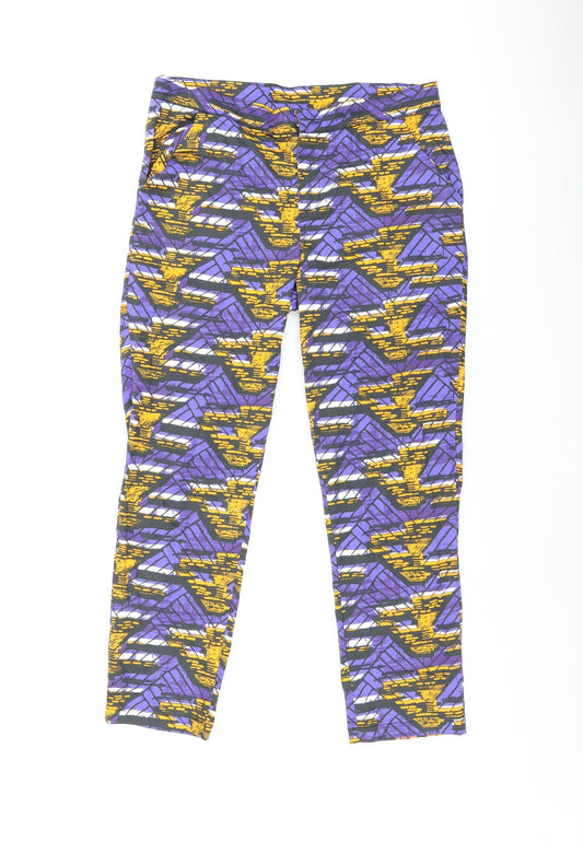 Topshop Womens Purple Geometric Cotton Trousers Size 12 L26 in Regular Zip