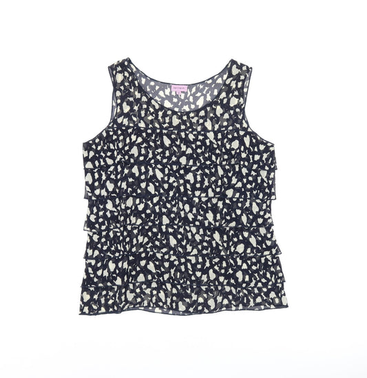 Epilogue Womens Blue Geometric Polyester Basic Tank Size 12 Round Neck - Frill Detail Sheer