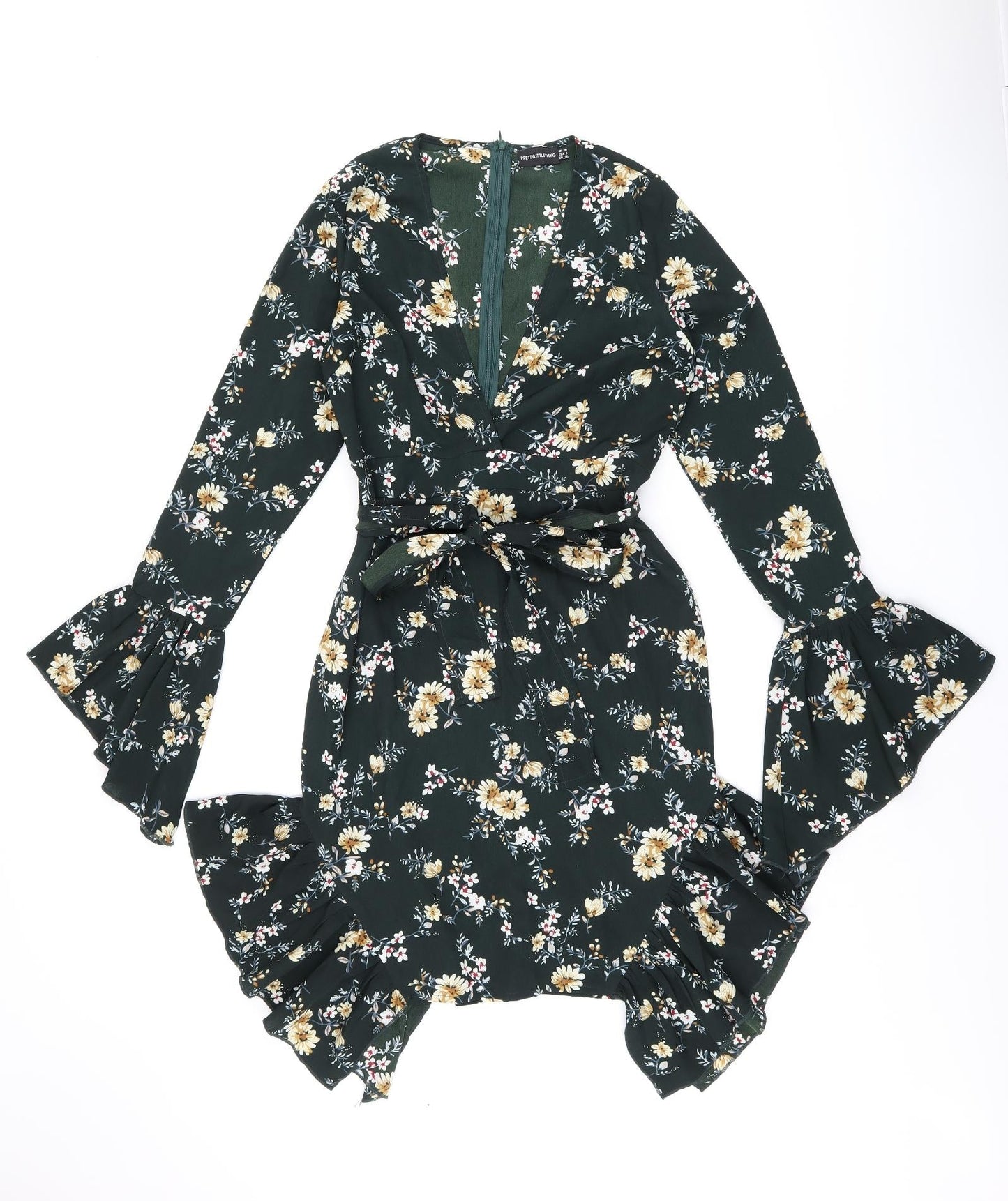 PRETTYLITTLETHING Womens Green Floral Polyester Shift Size 10 V-Neck Zip - Frill Detail Cut Out Detail
