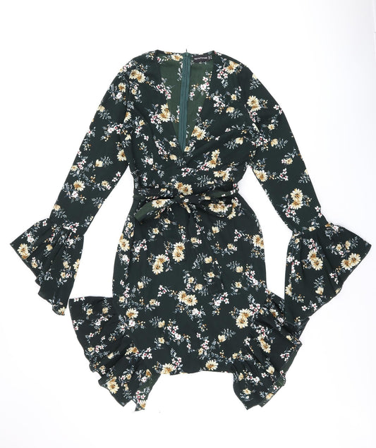 PRETTYLITTLETHING Womens Green Floral Polyester Shift Size 10 V-Neck Zip - Frill Detail Cut Out Detail