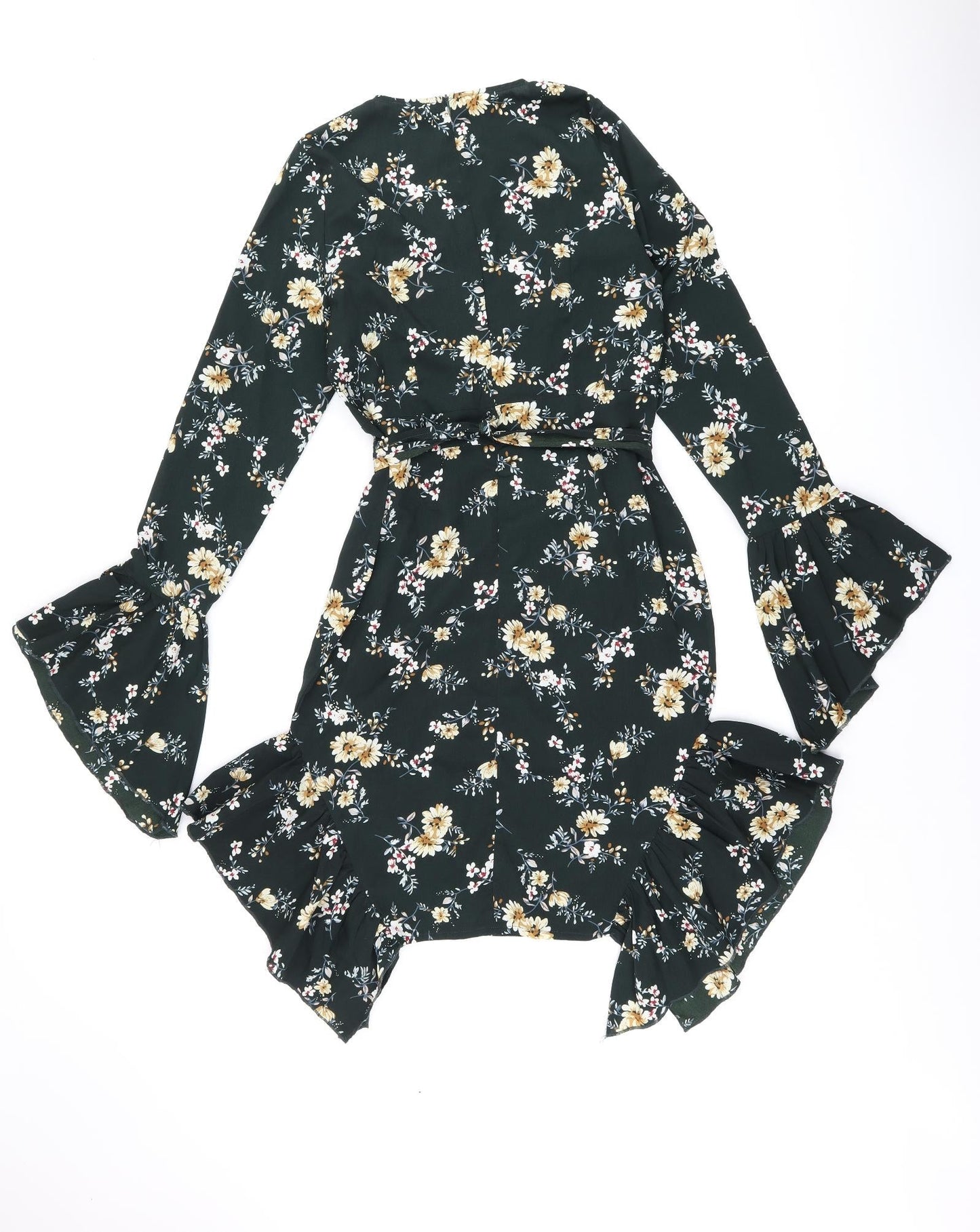 PRETTYLITTLETHING Womens Green Floral Polyester Shift Size 10 V-Neck Zip - Frill Detail Cut Out Detail