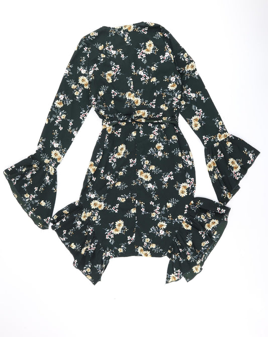 PRETTYLITTLETHING Womens Green Floral Polyester Shift Size 10 V-Neck Zip - Frill Detail Cut Out Detail