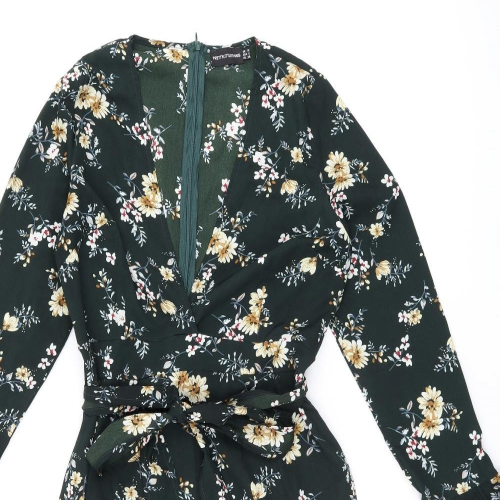 PRETTYLITTLETHING Womens Green Floral Polyester Shift Size 10 V-Neck Zip - Frill Detail Cut Out Detail