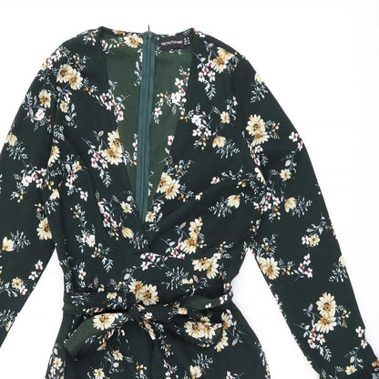 PRETTYLITTLETHING Womens Green Floral Polyester Shift Size 10 V-Neck Zip - Frill Detail Cut Out Detail