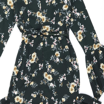 PRETTYLITTLETHING Womens Green Floral Polyester Shift Size 10 V-Neck Zip - Frill Detail Cut Out Detail