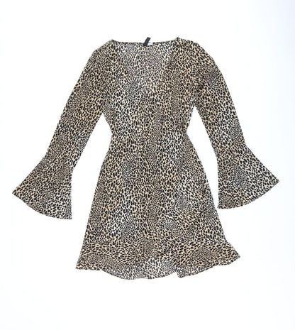 H&M Womens Brown Animal Print Polyester Wrap Dress Size 6 V-Neck Tie - Leopard Print