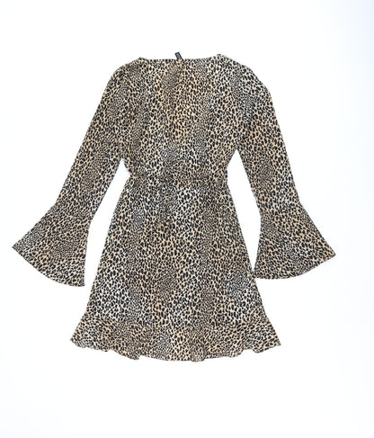 H&M Womens Brown Animal Print Polyester Wrap Dress Size 6 V-Neck Tie - Leopard Print